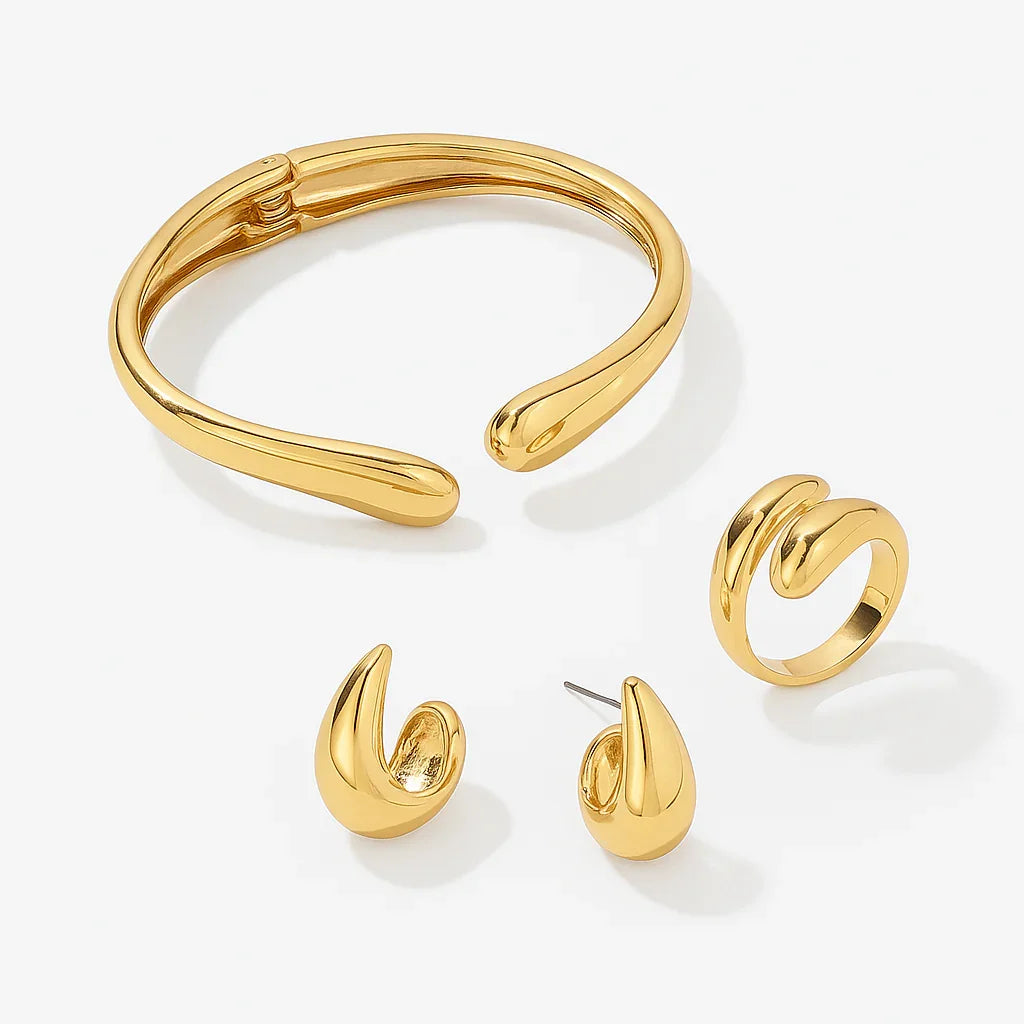 Conjunto Saint Carvalho Lumière — Pulseira, Anel e Brincos Dourados