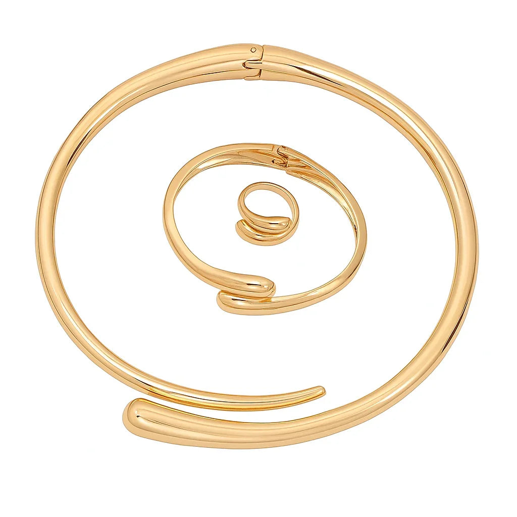 Conjunto Escultural Dourado Saint Carvalho – Colar, Bracelete e Anel Feminino Minimalista